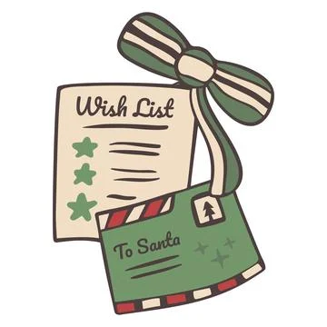 Christmas wish list vector illustration. Letter to Santa with green envelope Stock Illustration