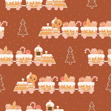 Christmas wrapping paper design with gingerman and santa express in cartoon Stock Illustration