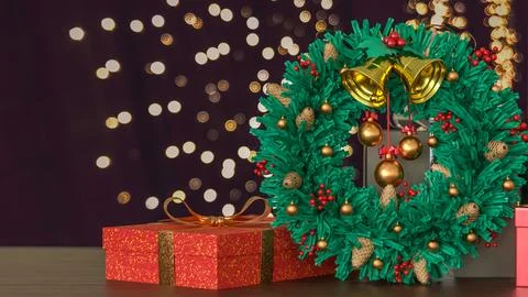 Christmas Wreath and Gift Boxes with Holiday Lights 3d render. Stock Illustration