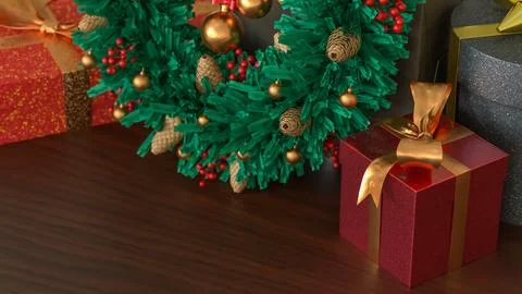Christmas Wreath and Gift Boxes with Holiday Lights 3d render. Stock Illustration