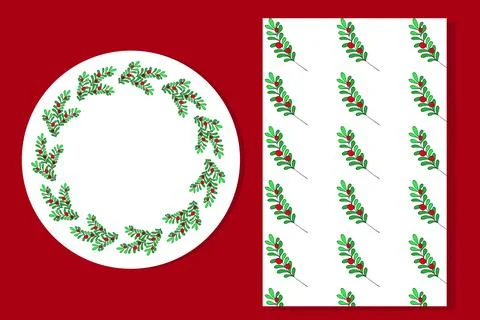 Christmas Wreath and Seamless Pattern with Holly Branches Stock Illustration