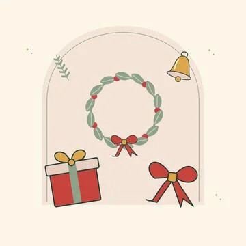 Christmas wreath and wrapped present arrangement. Decorative flat vector comp Stock Illustration