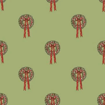 Christmas Wreath Bow Seamless Pattern Vector Stock Illustration