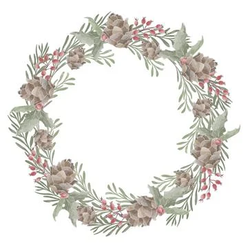 Christmas wreath composition of cones and fir branches watercolor vector Stock Illustration