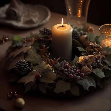 Christmas wreath decoration on dark wooden table. Green fir branches and de.. Stock Illustration