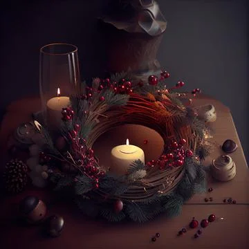 Christmas wreath decoration on dark wooden table. Green fir branches and de.. Stock Illustration