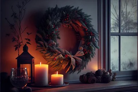 Christmas wreath decoration on dark wooden table. Green fir branches and de.. Stock Illustration