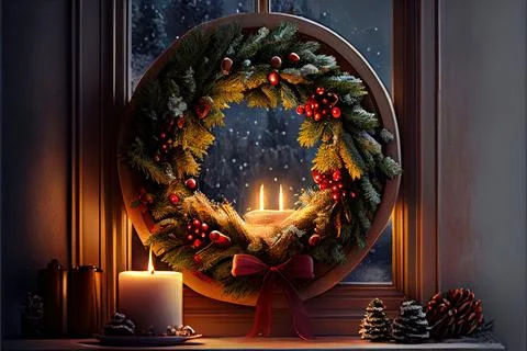 Christmas wreath decoration on dark wooden table. Green fir branches and de.. Stock Illustration