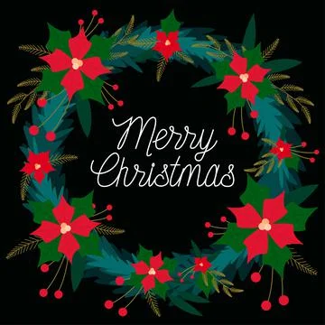 Christmas wreath of flowers and branches, on a black background. Stock Illustration
