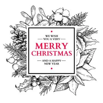Christmas wreath frame. Vector hand drawn illustration with holl Stock Illustration
