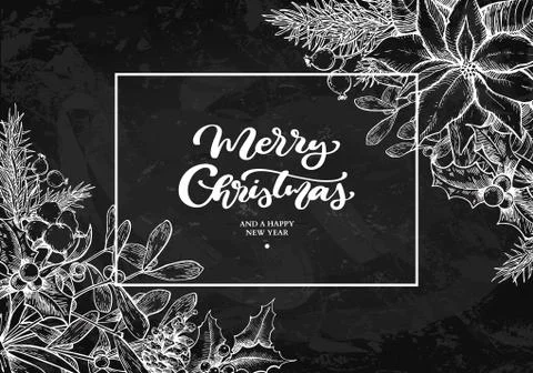 Christmas wreath frame. Vector hand drawn illustration Holly, mi Stock Illustration