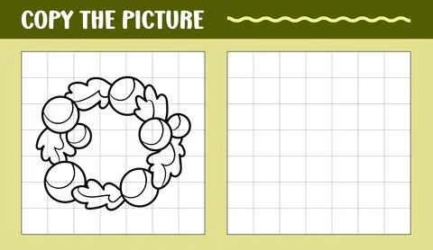 Christmas wreath learn to draw. Copy the picture printable worksheet Stock Illustration