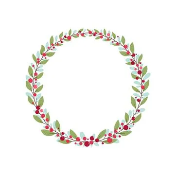 Christmas wreath made of branches, leaves and red berries. Stock Illustration