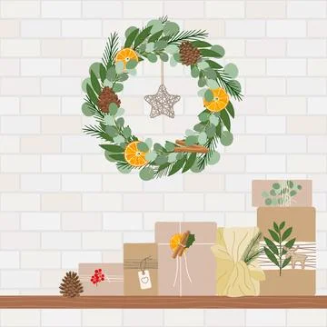 Christmas wreath made with pine, eucalyptus, spruce, pine cone, dry orange. S Stock Illustration