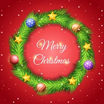 Christmas wreath made of pine leaf with decoration ball and star with snow in Stock Illustration