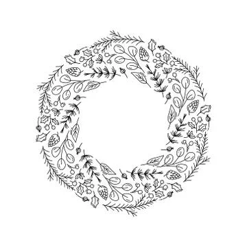 Christmas wreath monoline with doodle elements with place for your text. Hand イラスト素材