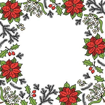 Christmas wreath or frame made of fir branches with poinsettia. Stock Illustration