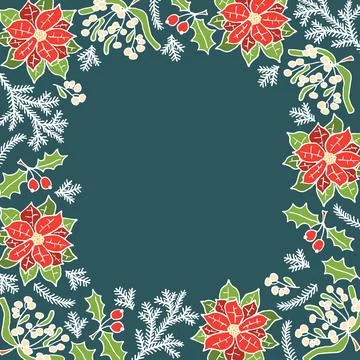 Christmas wreath or frame made of fir branches with poinsettia. Stock Illustration