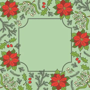 Christmas wreath or frame made of fir branches with poinsettia. Stock Illustration