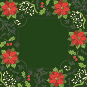Christmas wreath or frame made of fir branches with poinsettia. Stock Illustration