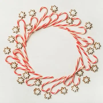 Christmas wreath pattern made from candy cane sticks, square crop Stock Photos