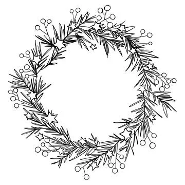Christmas Wreath pine branches featuring berries and stars. Black and white Stock Illustration