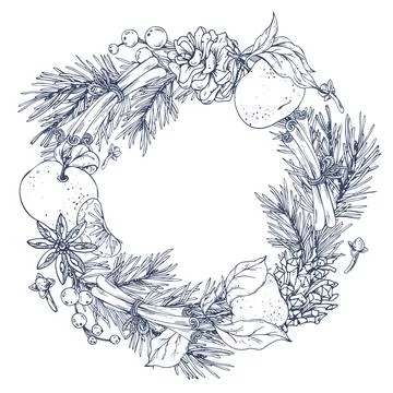 A Christmas wreath with pine branches, pine cones, tangerines, cloves, berries Ilustración de archivo