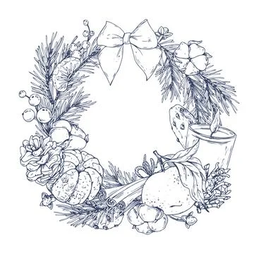A Christmas wreath with pine branches, pine cones, tangerines, a candle, cotton Stock Illustration