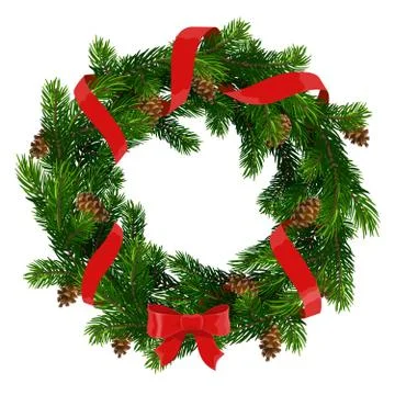 Christmas wreath with red bow and ribbon Stock Illustration
