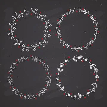 Christmas wreath Round Frames set hand drawn doodles. Vector illustration on  스톡 일러스트