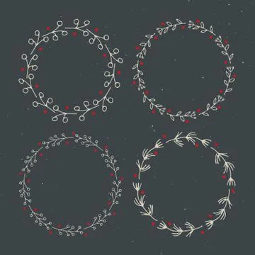 Christmas wreath Round Frames set hand drawn doodles. Vector illustration Stock Illustration