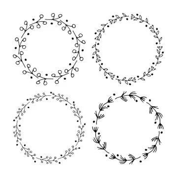 Christmas wreath Round Frames set hand drawn doodles. Vector illustration 库存插图