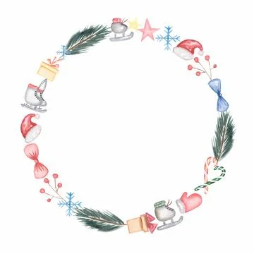 Christmas wreath set design composition of  fir branches,skates,star,gift b.. Stock Illustration