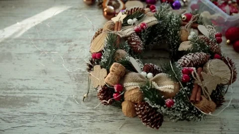 Christmas wreath on the table. Stock Footage 163510842