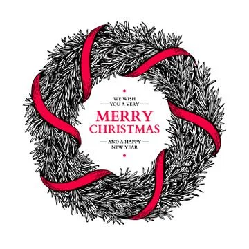 Christmas wreath. Vector hand drawn illustration with fir tree b Stock Illustration