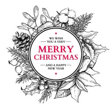 Christmas wreath. Vector hand drawn illustration with holly, mis Stock Illustration