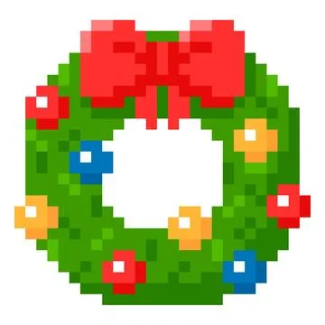 Christmas wreath vector pixel art, cartoon 8 bit retro video game green fir tree Stock Illustration