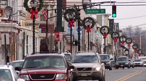 Christmas Wreaths line a small town in Pennsylvania. Stock Footage