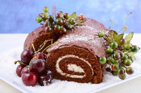 Christmas Yule Log Cake. Stock Photos