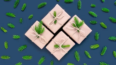 Christmas zero waste festive concept. Craft gifts and fir twigs. Xmas presents. Stock Footage 161750927