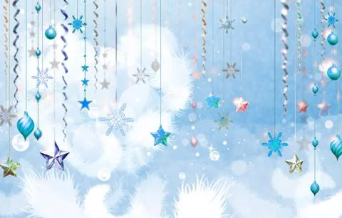 Christmass abstract background with several decorations hanging down in foreg Stock Illustration