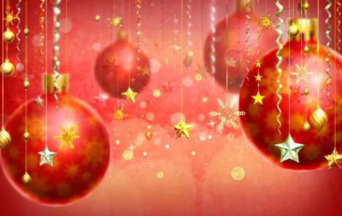 Christmass abstract background with several decorations hanging down in foreg Stock Illustration