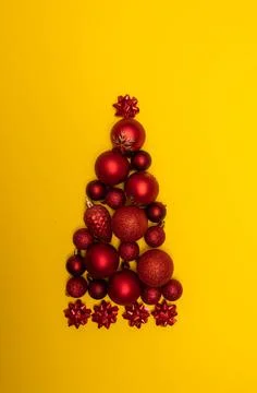 Christmass flatlay Christmas tree lined with Christmas tree decorations Stock Photos