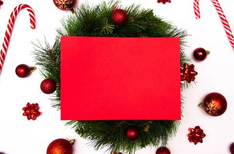 Christmass flatlay red square with place for text and christmas tree toys Stock Photos