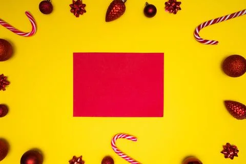 Christmass flatlay red square with place for text and christmas tree toys Stock Photos