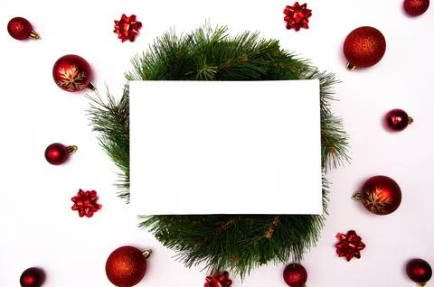 Christmass flatlay white square with place for text and christmas tree toys Stock Photos