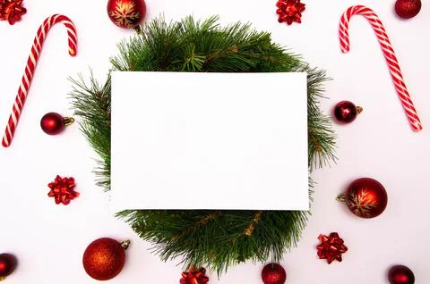 Christmass flatlay white square with place for text and christmas tree toys Stock Photos