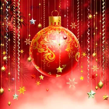 Christmass red abstract background with several decorations hanging down and  Stock Illustration