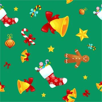 Christmass seamless pattern gingerbread man cookies, jingle bells stocking .. Illustrazione stock