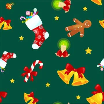 Christmass seamless pattern gingerbread man cookies, jingle bells stocking .. Stock Illustration